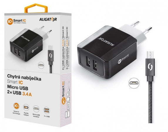 Aligator 3.4A, 2xUSB, smart IC, černá, micro USB kabel 2A