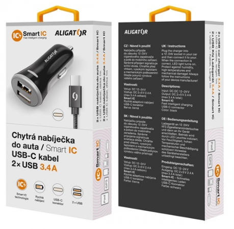 ALIGATOR USB-C 2xUSB výstup, 3.4A, smart IC, černá
