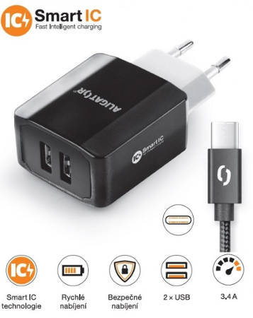 Aligator USB-C 2x USB výstup, 3.4A, smart IC, černá