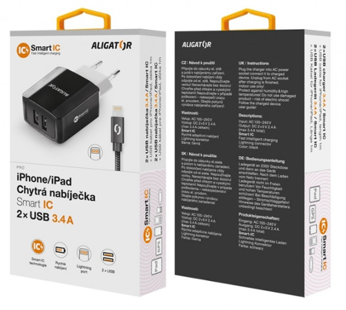 Aligator 3.4A, 2xUSB, smart IC, černá, kabel pro iPhone/iPad 2A