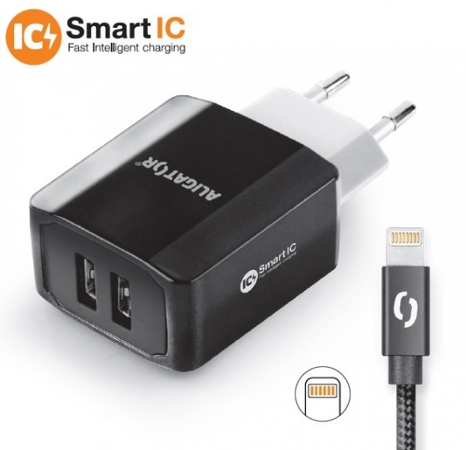 Aligator 3.4A, 2xUSB, smart IC, černá, kabel pro iPhone/iPad 2A