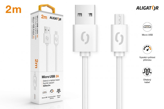 Aligator datový kabel 2A micro USB 2m, bílý