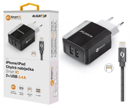 Aligator 3.4A, 2xUSB, smart IC, černá, kabel pro iPhone/iPad 2A