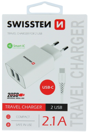 Swissten Smart IC 2x USB 2,1A + USB-C 1,2m, bílá