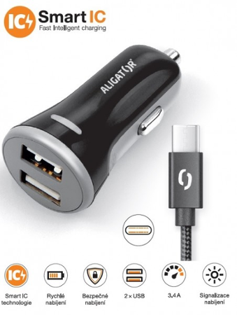 ALIGATOR USB-C 2xUSB výstup, 3.4A, smart IC, černá
