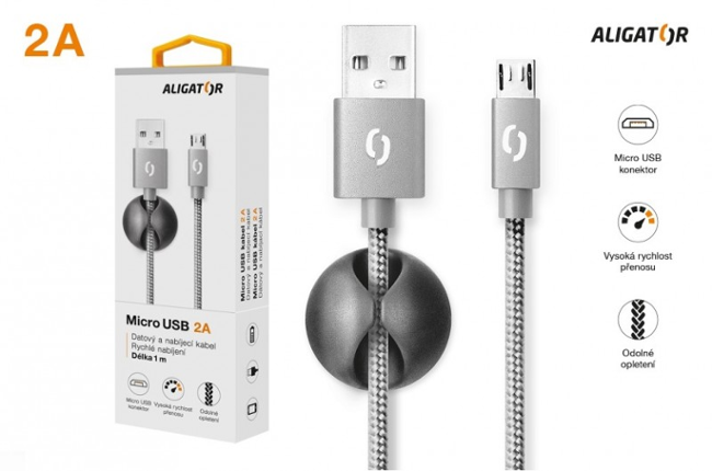 Aligator datový kabel PREMIUM 2A, Micro USB šedý