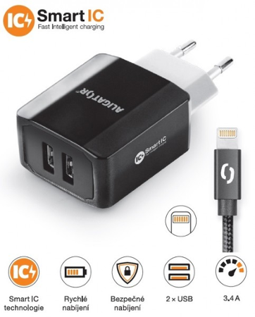 Aligator 3.4A, 2xUSB, smart IC, černá, kabel pro iPhone/iPad 2A