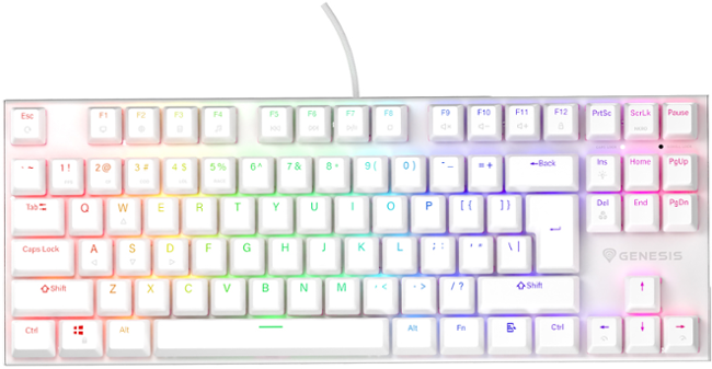Genesis tichá herní klávesnice THOR 303/TKL/RGB/Outemu Peach Silent/Drátová USB/US layout/Bílá