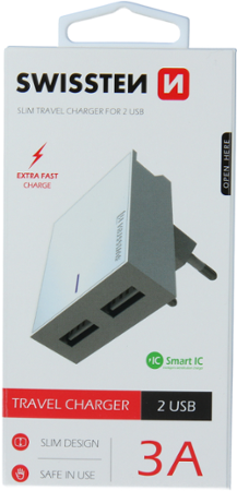 Swissten Travel Slim adaptér Smart IC 2xUSB 3A, bílá