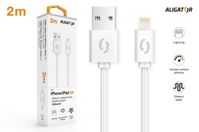 Aligator kabel 2A pro iPhone, 2m, bílá