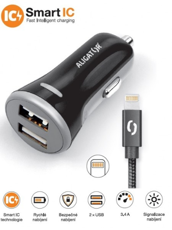 ALIGATOR iPhone/iPad 2xUSB výst. 3.4A, smart IC,černá