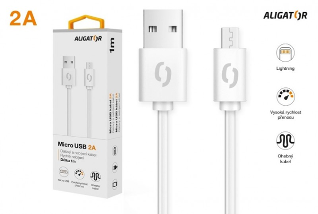 Aligator datový kabel 2A micro USB 1m, bílý