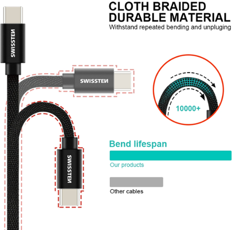 Swissten Textile USB / USB-C 1,2 m stříbrný