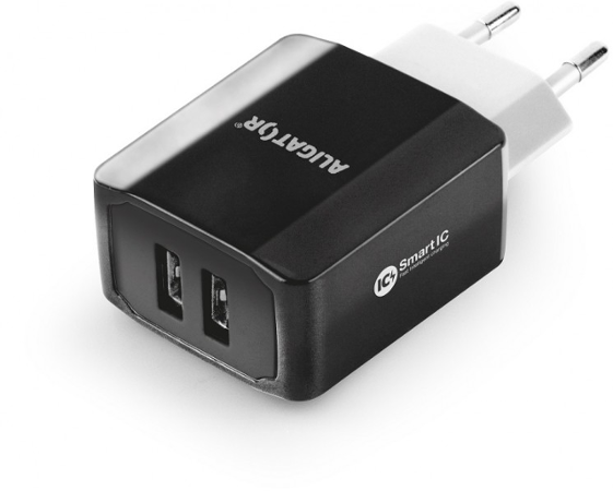Aligator 3.4A, 2xUSB, smart IC, černá, micro USB kabel 2A